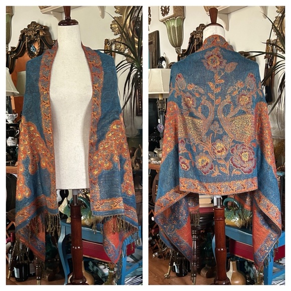 Peacocks & Roses Blue and Orange Shawl - Picture 1 of 6